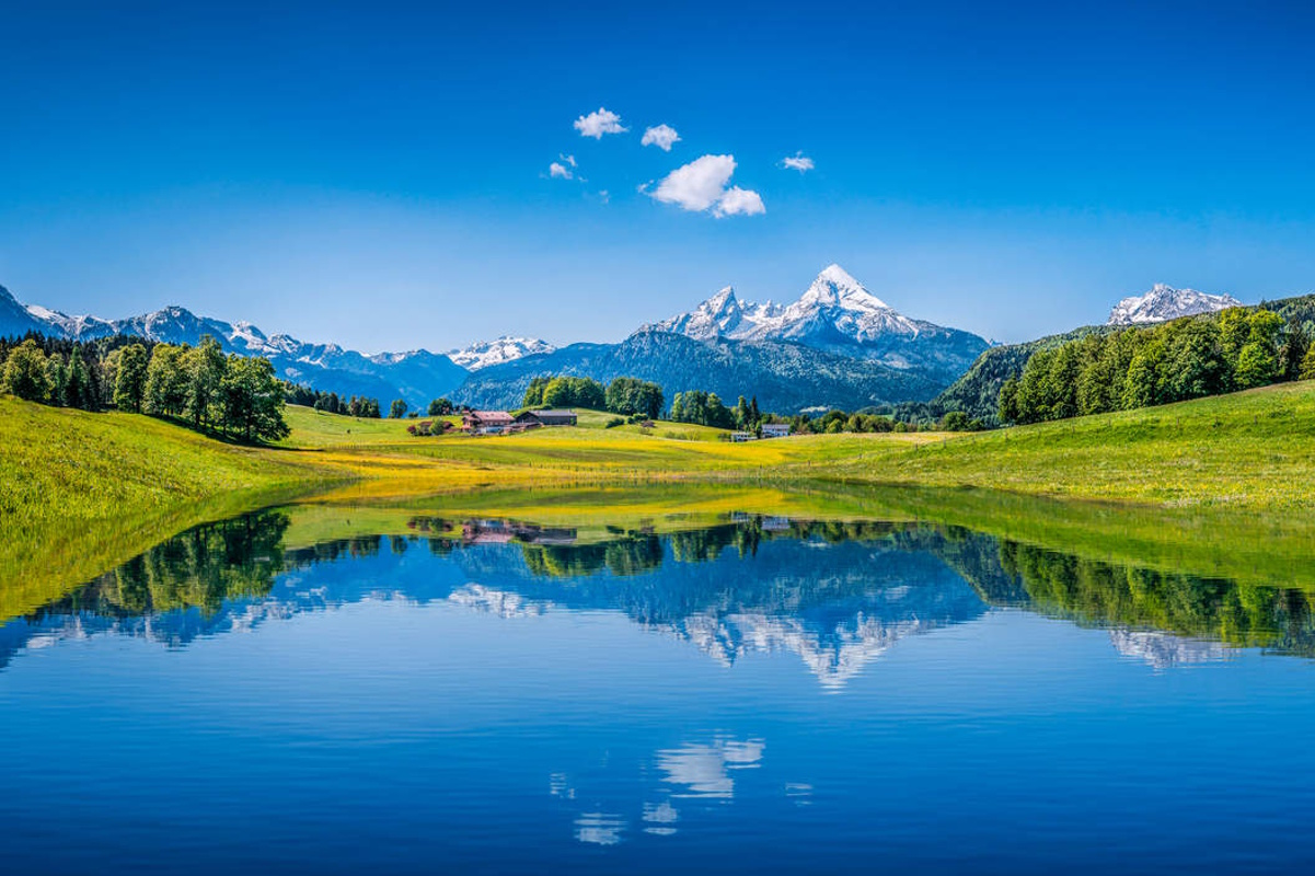 озеро, деревья и снежные горы